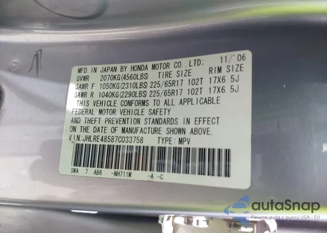2007 Honda Cr-V Ex z USA, uszkodzony, nr VIN JHLRE48587C033758